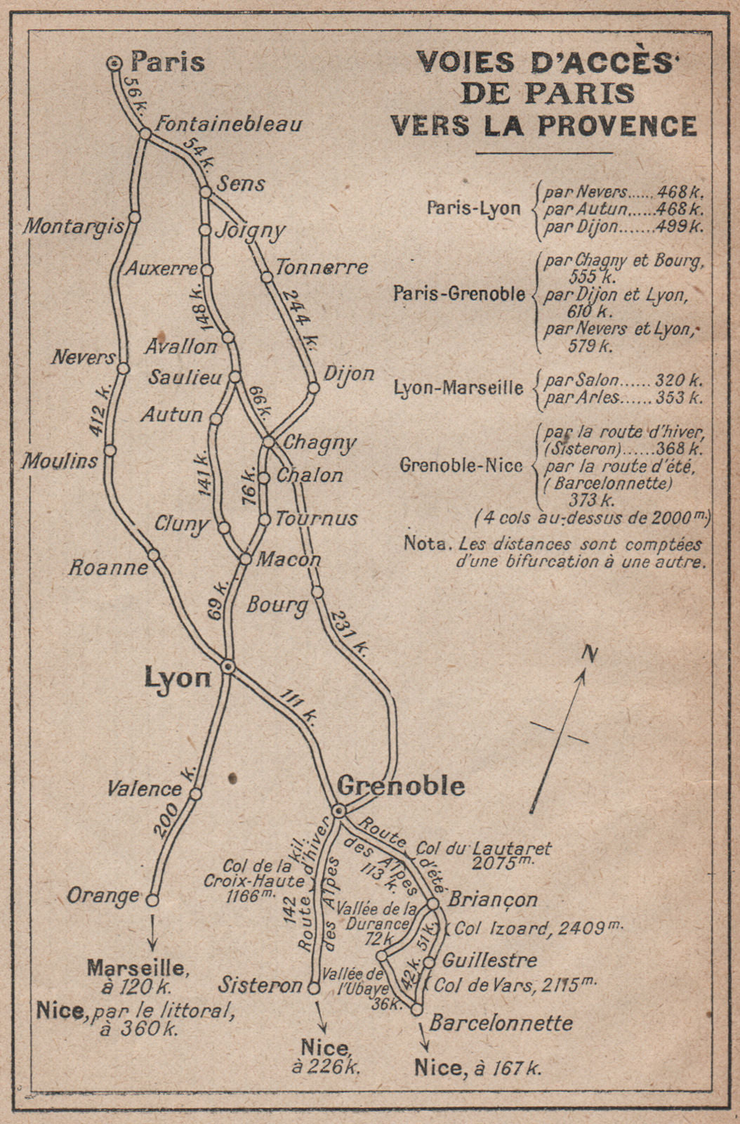 VOIES D'ACCÈS DE PARIS VERS LA PROVENCE (before autoroutes) 1925 old map